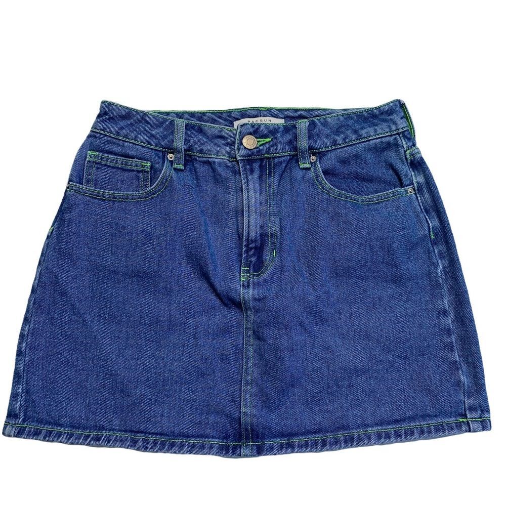 PACSUN Blue Denim Mini Skirt Neon Green Contrast Stitching Y2K Sz 27